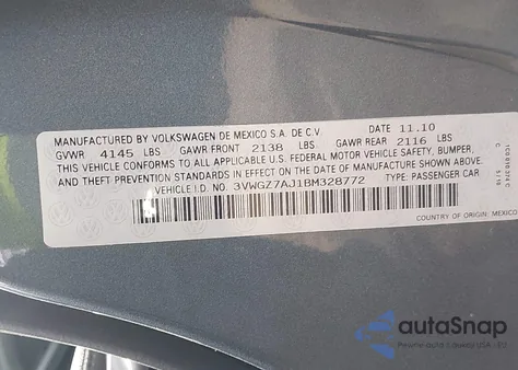 2011 Volkswagen Jetta 2.5L Sel из США, поврежденный, VIN 3VWGZ7AJ1BM328772